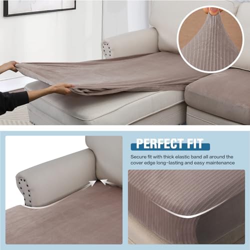 H.VERSAILTEX Velvet Stretch Sectional Sofa Covers - 3 Pieces, L-Shaped Chaise, Taupe Striped - Image 4