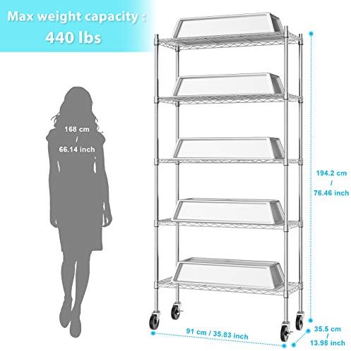 Auslar 5-Shelf Storage Shelves with Casters Heavy Duty 5 Tiers Rolling Cart Utility Racks Adjustable Wire Metal Shelving, 14" x 36" x 76.5", Chrome - Image 4