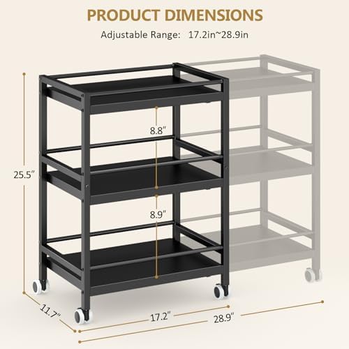 3-Tier Expandable Rolling Pantry Organizers and Storage Cart with Wheels, Adjustable Pantry Floor Organizer, Snack Cart for Pantry, Kitchen Storage Cart with 4 Hooks for Snack, Food, Vegetables, Black - Image 2