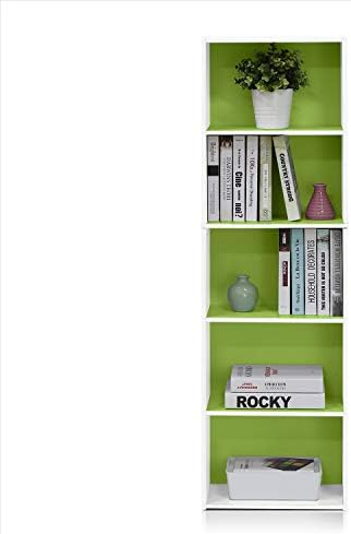Furinno LUDER Book Shelf, 5-Tier Bookshelf, Bookcase with Open Shelves, 9.4 x 15.8 x 52, Easy Assembly, for Living Room, Bedroom, Home Office, White/Green - Image 5