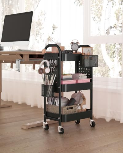 ALVOROG 3 Tier Metal Rolling Utility Cart with Pegboards,Baskets,Hooks - Image 2