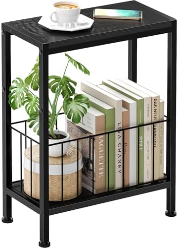 Narrow Side Table, Skinny End Tables with Magazine Holder, Small Sofa Table for Small Spaces, Space-Saving Design, Slim Nightstand Bedside Table for Living Room, Bedroom, Office, Black by Lifenite
