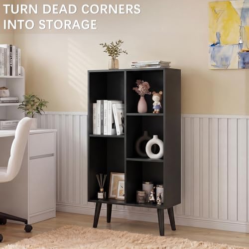 YAHARBO Small Black Narrow Bookshelf,3 Tier Modern Bookcase with Legs,Bookshelves Wood Storage Shelf,Rustic Book Shelves Cube Organizer,Display Bookcase - Image 4