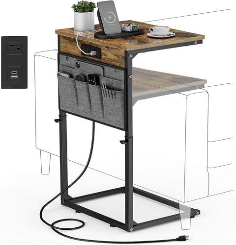 Vagusicc C-Shaped End Table with Charging Station, Small Side Table for Couch, 33" Tall C Table Adjustable Height Side Table, Couch Tables that Slide Under, Sofa Table TV Tray for Living Room, Brown by Vagusicc