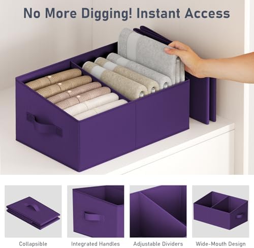 DIMJ Large Closet Shelf Organizer Bins 6 Packs with Handles and Divider, Fabric Trapezoid Storage Baskets, Foldable Clothes Containers Box for Shelf, Towel, Book, Toy, Purse, Hats, Purple - Image 4