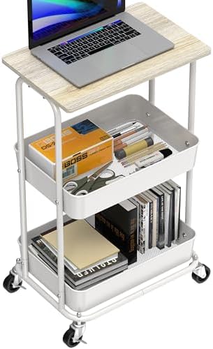 Simple Houseware 2-Tier Rolling Utility Cart Wood Top/Lockable Wheel, Maple - Image 4