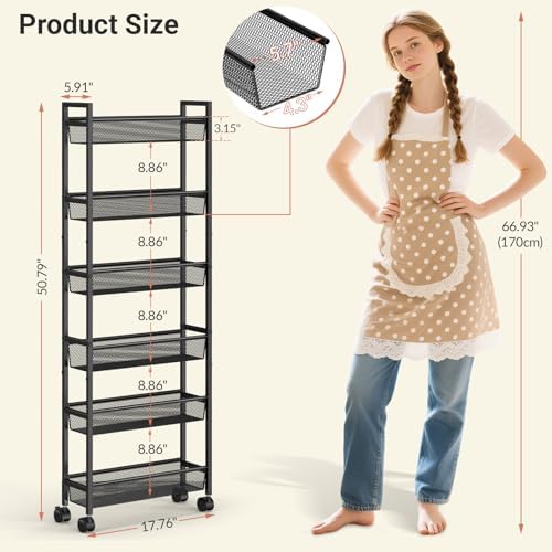 ThreeHio 6 Tier Slim Storage Cart, Narrow Cart with Wheels, Metal Mobile Shelving Unit Organizer for Kitchen, Bathroom, Laundry Room, Living Room & Narrow Spaces, Black, 6in(W) - Image 2