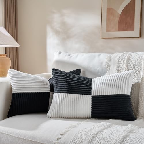 Fancy Homi Set of 2 Black White Lumbar Decorative Throw Pillow Covers 12x20 Inch for Living Room Bedroom Couch Bed Sofa, Soft Striped Corduroy Modern Rectangle Accent Cushion Case 30x50 cm by Fancy+Homi