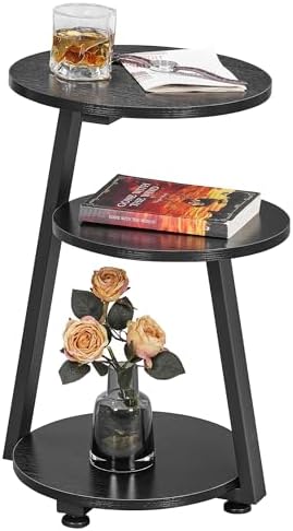 BEWISHOME Round End Table Side Table with Metal Frame, Black KTZ41B by BEWISHOME