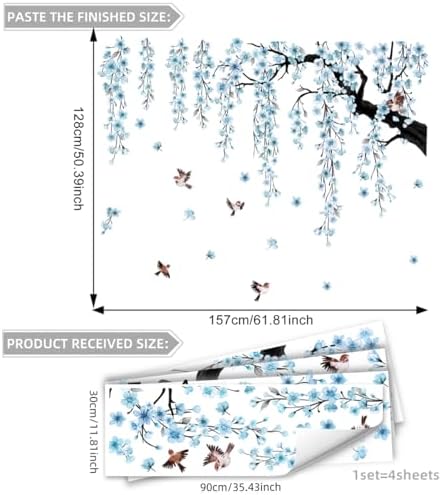 Cherry Blossom Tree Wall Decals with Birds, Large Removable Peel and Stick Flower Wall Stickers for Girls Room, Bedroom, Living Room Decor, 61.81 x 50.39 Inch, 4 Sheets (Blue) - Image 2
