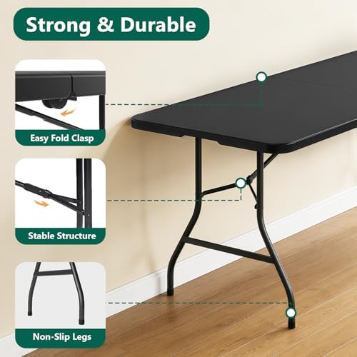Folding Table 6FT Heavy Duty Plastic Table with Handle, Foldable&Portable, Fold-in-Half Utility Tables for Outdoor, Dining, Wedding, Events, Indoor, Picnic, Camping, Party, Black - Image 5