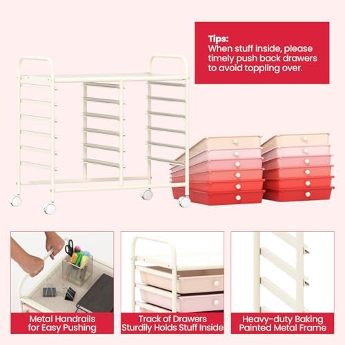 Giantex 12 Drawers Rolling Cart, Mobile Storage Drawer Cart, Classroom Organizer Cart for Office School Supplies Tools Scrapbook Paper Craft Small Printer, Utility Cart on Wheels, Pink Gradient - Image 6