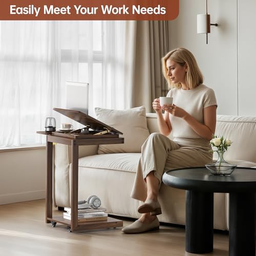 OtterOasis C Shaped End Table for Couch Rolling Side with Wheels Walnut - Image 6