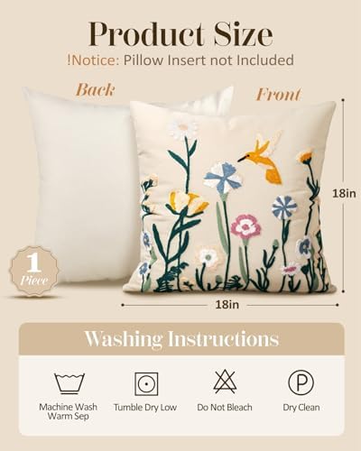 Embroidered Throw Pillow Cover 18x18 Inch, Flower Bird - Image 4