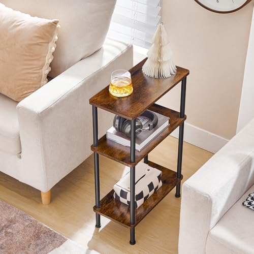 HOOBRO Narrow Side Table, 3-Tier Slim End Table No Tools Needed, Twist-On Assembly, Skinny Nightstand Sofa Storage Shelf for Living Room, Bedroom, Study, Rustic Brown and Black BF246BZ01N1 - Image 2
