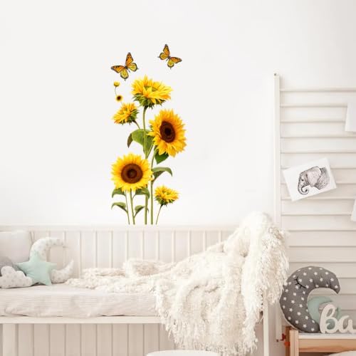 Sunflower Wall Decals Peel and Stick, Butterfly Floral Wall Stickers, Large Botanical Removable Vinyl Wall Decor, Flower Wall Art for Bedroom Living Room Nursery Office Farmhouse Home Decorations - Image 6