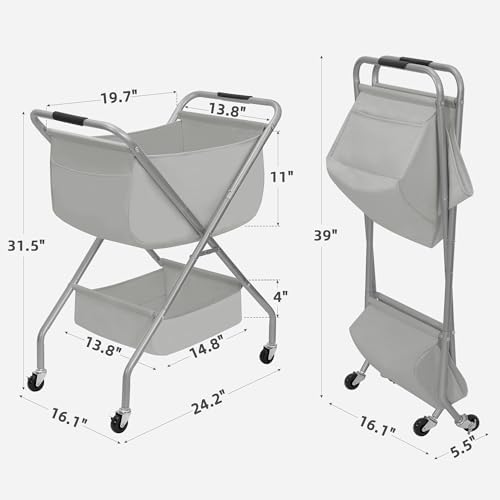 STORAGE MANIAC Collapsible Laundry Cart with Wheels 31.5"H Rolling Laundry Hamper Clothes Basket with Wheels, Canvas Liner Sturdy Steel Frame Folding for Small Narrow Space Easy Storage, Grey - Image 2