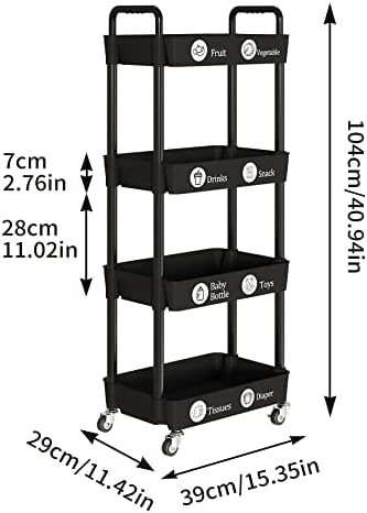 Laiensia 4-Tier Rolling Cart with Wheels,Multifunction Utility Storage Carts, Kitchen Storage Organizer,Mobile Shelving Unit for Bathroom,Laundry,with Classified Stickers,Black - Image 4