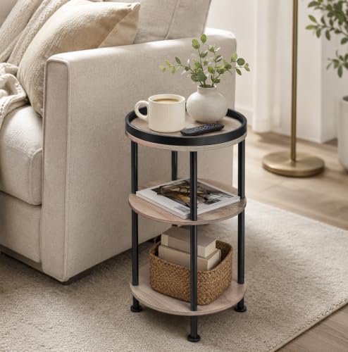 Small Round Side Table, Oak Round End Table for Living Room & Bedroom, Modern 3-Tier Nightstand with Storage Shelf, 11.8" Narrow Accent Table for Small Spaces, Nursery, Plant Stand,Natural Wood Finish - Image 2