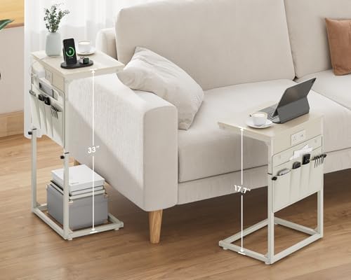 Vagusicc C-Shaped End Table with Charging Station, Small Side Table for Couch, 33" Tall C Table Adjustable Height Side Table, Couch Tables that Slide Under, Sofa Table TV Tray for Living Room, Cream - Image 2