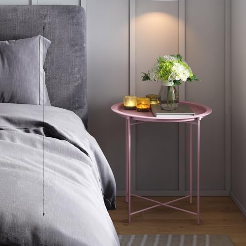 End Table Set of 2,Pink Outdoor Side Table, Small Patio Round Folding Metal Side Tables for Outdoor,Living Room,Bedroom Balcony and Office, 2 PCS - Image 2