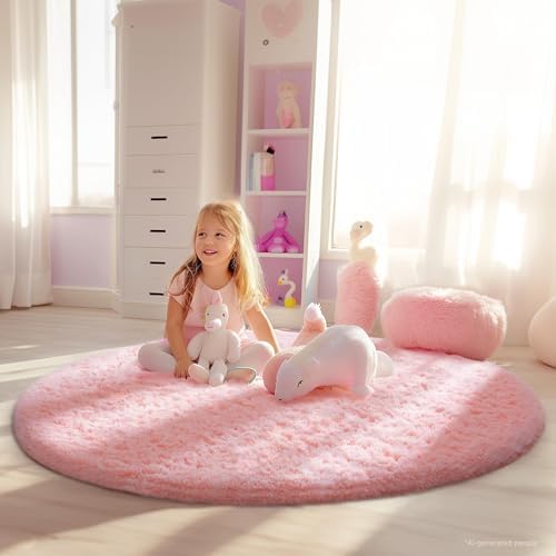 Ophanie Pink Round Rug for Bedroom Girls, Kids Fluffy Kawaii Fuzzy Shag Circle Circular Area Rugs, Cute Plush Small Carpet 4Ft 4 Foot, for Baby Home Living Room Decor Aesthetic with 99 pcs Pile fibers - Image 3
