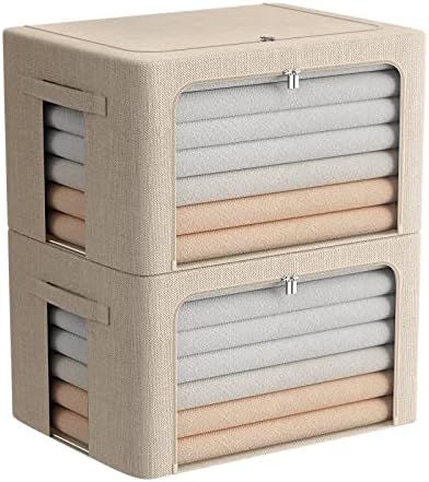 FHSQX 2 Pack Clear Window Storage Bins Foldable Fabric Storage Bins Boxes for Clothes Stackable Box Organizer Set with Carrying Handles (Beige, 22L,15.7x 11.8x 7.8 Inch) by FHSQX