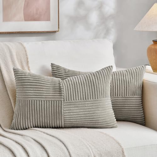 Fancy Homi 2 Packs Neutral Grey Lumbar Decorative Throw Pillow Covers 14x22 Inch for Living Room Couch Bed Sofa, Farmhouse Home Decor, Soft Striped Corduroy Rectangle Accent Cushion Case 35x55 cm by Fancy+Homi
