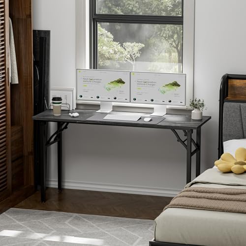 TEMI Small Computer Desk Folding Table - 55.1" Foldable Office Desk, No Assembly, Perfect for Small Spaces in Bedroom, or Apartment, Portable Mini Desk or Study Table Compact Design, Marble Greige - Image 2
