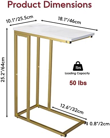 Yusong C Shaped End Table, Couch Side Table that Slide Under Sofa Bed, Small Table for Small Spaces, Skinny Overbed Table for Coffee Drink Snack, Living Room, Gold and White Marbled Wooden Top - Image 3