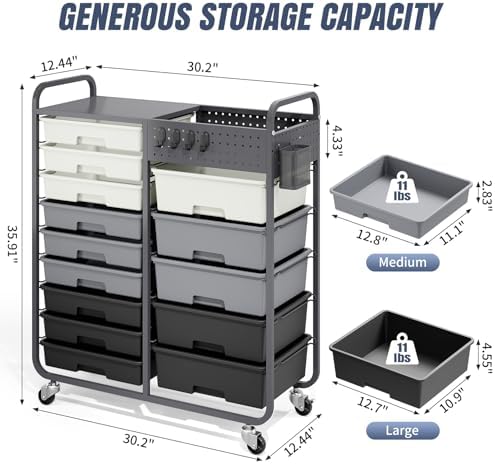 14 Drawer Rolling Storage Cart with Tabletop and Pegboard for Crafts Grey - Image 3