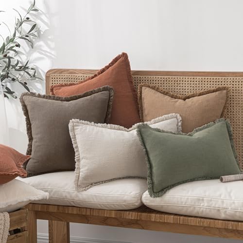 MIULEE Boho Linen Fringe Decorative Fall Throw Pillow Covers Coffee 18x18 - Image 7