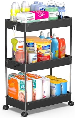 SPACEKEEPER 3 Tier Rolling Cart, Bathroom Cart Organizer with Wheels, Black by SPACEKEEPER