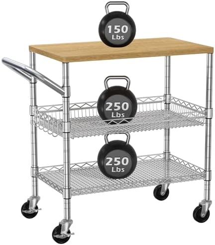 3 Tier Rolling Kitchen Carts on Wheels with Storage,650Lbs Heavy Duty Utility Carts with Wheels,Kitchen Island with Wood Tabletop,Metal Serving Rolling Cart for Small Appliance Food Cart,Wood+Metal by BolDuckDirect