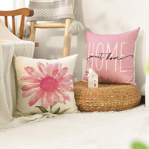 AVOIN colorlife Home Sweet Home Spring Summer Flowers Pink Throw Pillow Covers, 18 x 18 Inch Cushion Case for Sofa Couch Set of 4 - Image 5