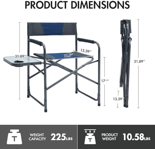 Portal Directors Chair for Adults with Side Table, Folding Camping Chairs Heavy Duty 225LBS, Portable Lawn Chairs with Cup Holder for Outdoor, Beach, Travel, Blue/Grey - Image 3