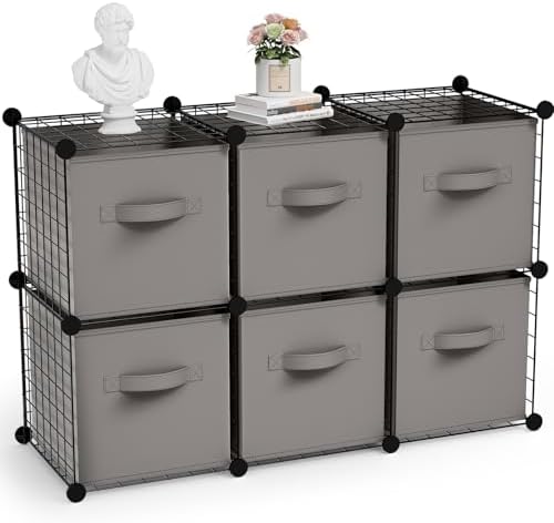 Leinuosen 6 Cube Storage Organizer with 6 Foldable Fabric Storage Bins, Metal Wire Grid Shelves, Stackable Modular Closet Organizer for Bedroom Living Room Office Toys Books(Black,Gray) by Leinuosen