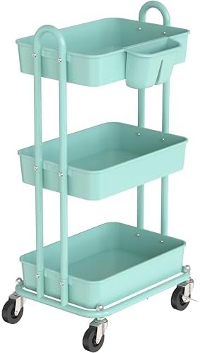 Simple Houseware 3-Tier Rolling Utility Cart with Hanging Bucket, Turquoise by SimpleHouseware