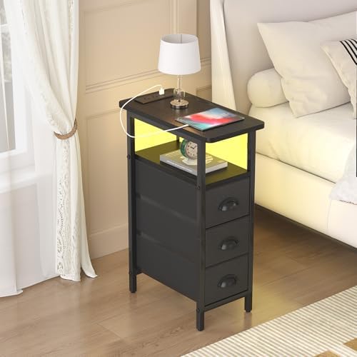 sthmec End Table with Charging Station,LED Side Tables with USB Ports and Outlets,Skinny Bedside Tables with 3 Drawers,Small Tabls Nightstands for Small Space,Slim Sofa Table for Livingroom,Black - Image 7