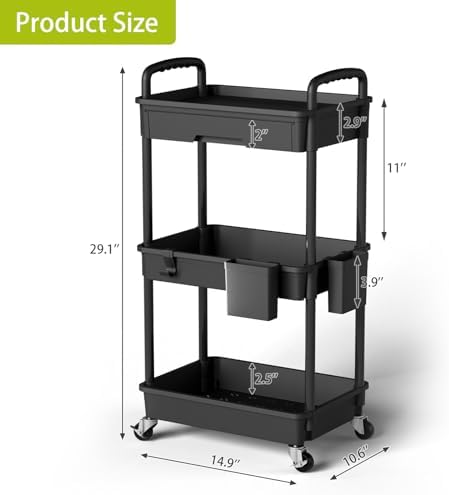 Sorgion 3 Tier Rolling Cart Organizer,Laundry Room Bathroom Organizers and Storage Office Shelves Mobile Shelving Unit Kitchen Trolley Cart with Wheels for Art,Craft,Diaper,Bedside,Snack(Black) - Image 3