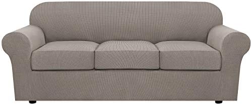H.VERSAILTEX 4 Piece Stretch Sofa Covers for 3 Cushion Couch Covers for Living Room Furniture Slipcovers (Base Cover Plus 3 Seat Cushion Covers) Upgraded Thicker Jacquard Fabric (Sofa, Taupe) by HVERSAILTEX