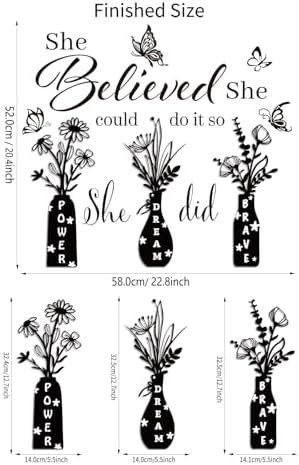 Inspirational Wall Stickers for Women - She Believed She Could Motivational Quote Decal with 3 Floral Vases & Butterflies, Removable Vinyl Decor for Bedroom, Home Office Decor - Image 7
