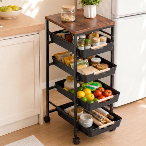 Pipishell Rolling Storage Cart with Drawers & Lockable Wheels, Black by Pipishell
