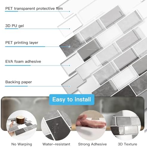 Art3d 10-Pack Marble Wall Tiles Peel and Stick Backsplash, Black White Grey - Image 6