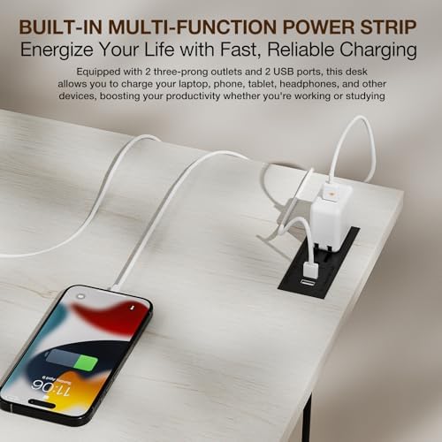 TEMI Small Computer Desk Folding Table - No Assembly, Compact 43.3" Foldable Desk with Power Outlets & USB Charging Port, Portable Small Office Desk, Ideal Mini Study Table for Narrow Spaces,White Ash - Image 5