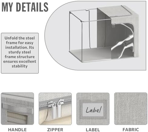 4 Pack Clothes Storage Bins with Metal Frame - 22L Stackable Storage Box with Lid，Foldable Storage Container Organizer for Clothes，Linen Fabric Storage Box with Clear Window＆Zippers＆Handles - Image 3