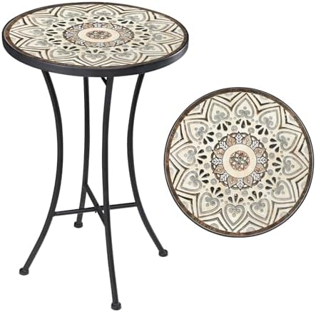 MUMTOP 14" Mosaic Outdoor Side Table, Small Round Patio Accent Table,Beige by MUMTOP