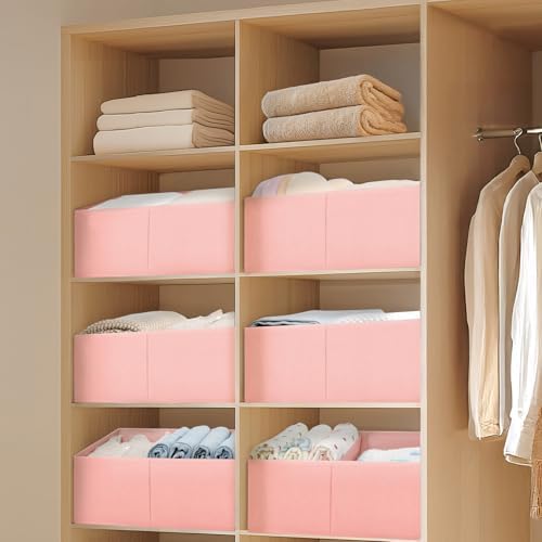 DIMJ Large Closet Shelf Organizer Bins 4 Packs with Handles and Divider, Fabric Trapezoid Storage Baskets, Foldable Clothes Containers Box for Shelf, Towel, Book, Toy, Purse, Hats, Pink - Image 3