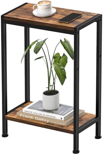 Narrow Side Table for Small Space, 2-Tier Slim End Table, Thin Nightstand, Skinny Snack Couch Table, Sofa Bedside Table in Living Room, Bedroom, Study, Kitchen and Balcony (Rustic Brown) by HOME