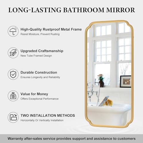 Ferytange Gold Wall Mirror 48 x 24 Inch Bathroom Vanity Mirror for Over Sink Modern Rounded Corner Rectangle Wall Mirror Decorative with Non-Rusting Iron Metal Framed (Horizontal/Vertical) - Image 5